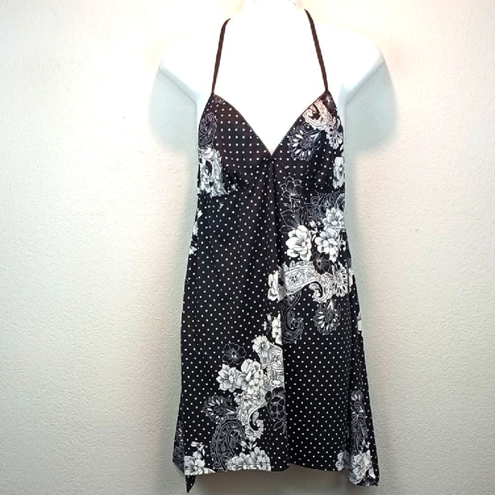 Black and White Polka Dot / Floral Lace V Neck Halter Night Slip Dress Sz L